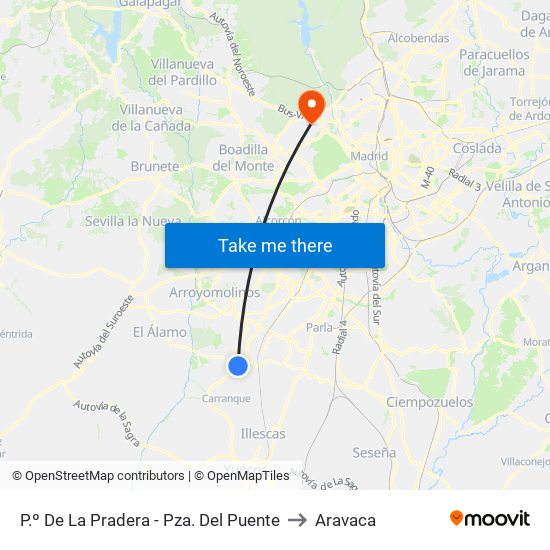 P.º De La Pradera - Pza. Del Puente to Aravaca map