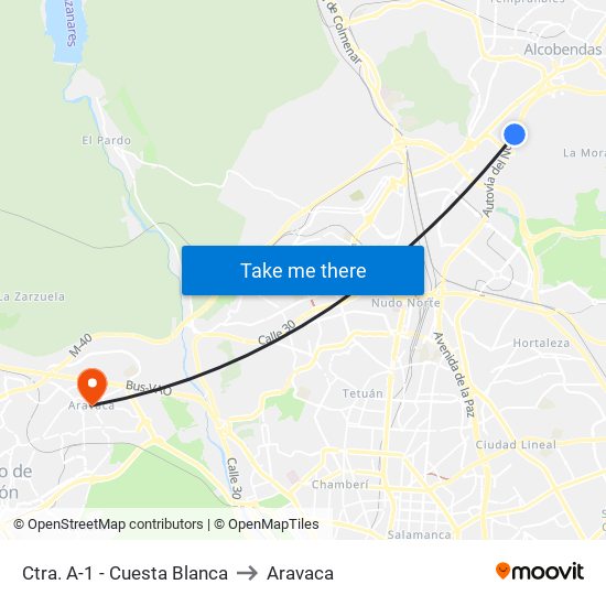 Ctra. A-1 - Cuesta Blanca to Aravaca map