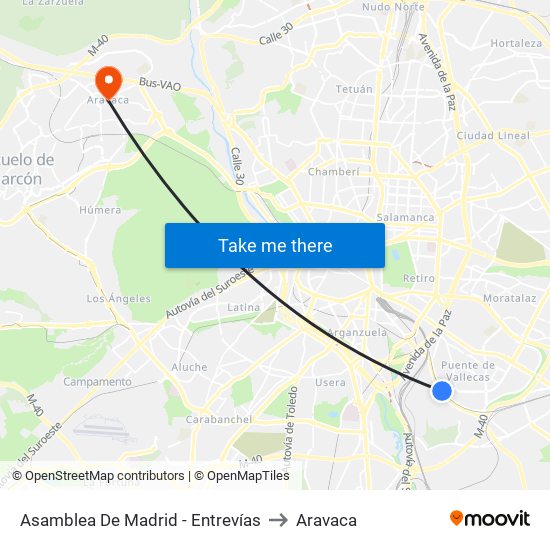 Asamblea De Madrid - Entrevías to Aravaca map