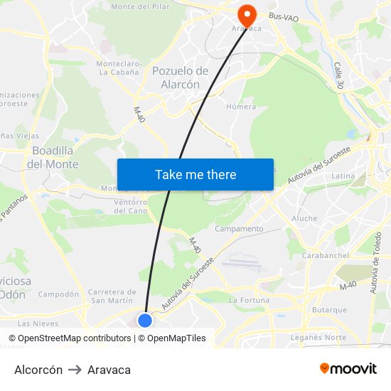 Alcorcón to Aravaca map