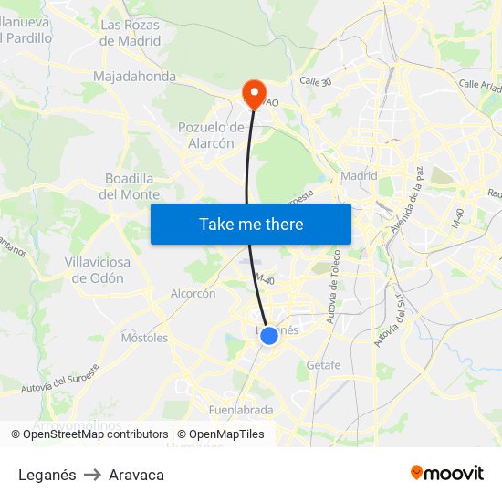 Leganés to Aravaca map