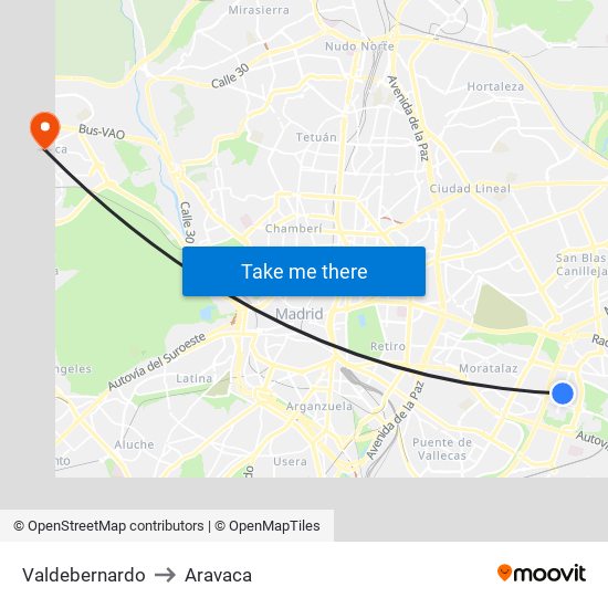 Valdebernardo to Aravaca map