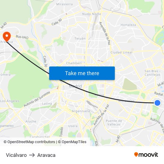 Vicálvaro to Aravaca map