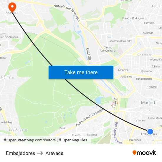 Embajadores to Aravaca map