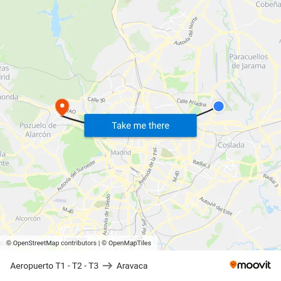 Aeropuerto T1 - T2 - T3 to Aravaca map