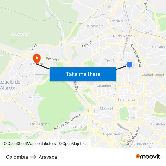 Colombia to Aravaca map