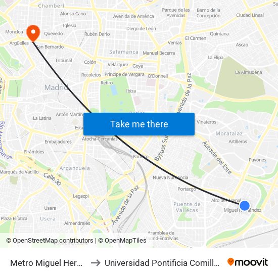 Metro Miguel Hernández to Universidad Pontificia Comillas - Icade map