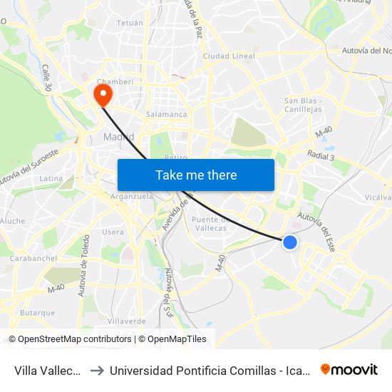 Villa Vallecas to Universidad Pontificia Comillas - Icade map