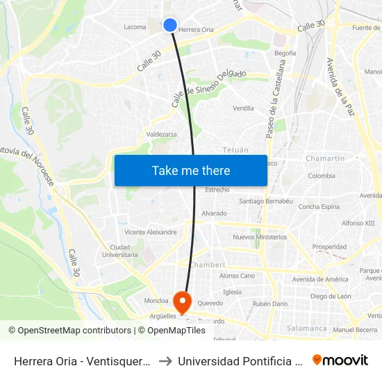Herrera Oria - Ventisquero De La Condesa to Universidad Pontificia Comillas - Icade map