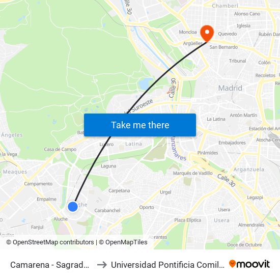 Camarena - Sagrada Familia to Universidad Pontificia Comillas - Icade map