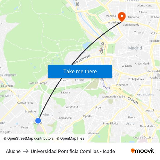 Aluche to Universidad Pontificia Comillas - Icade map