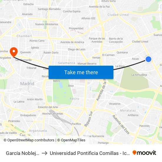 García Noblejas to Universidad Pontificia Comillas - Icade map