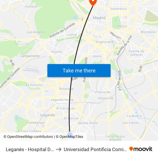 Leganés - Hospital De Getafe to Universidad Pontificia Comillas - Icade map