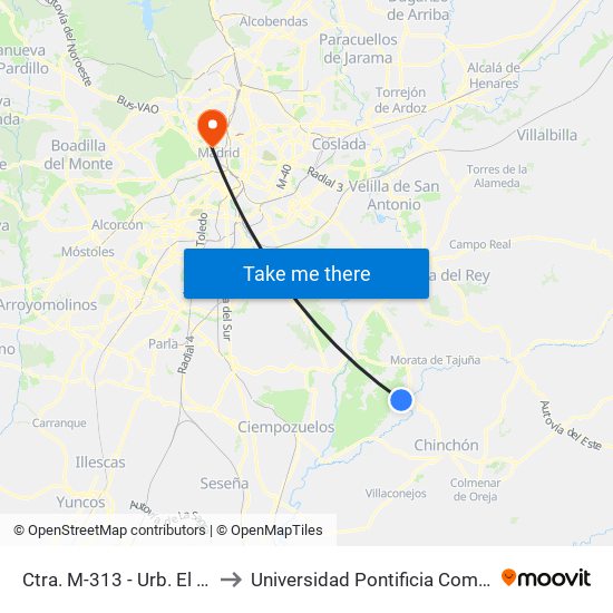 Ctra. M-313 - Urb. El Serranillo to Universidad Pontificia Comillas - Icade map