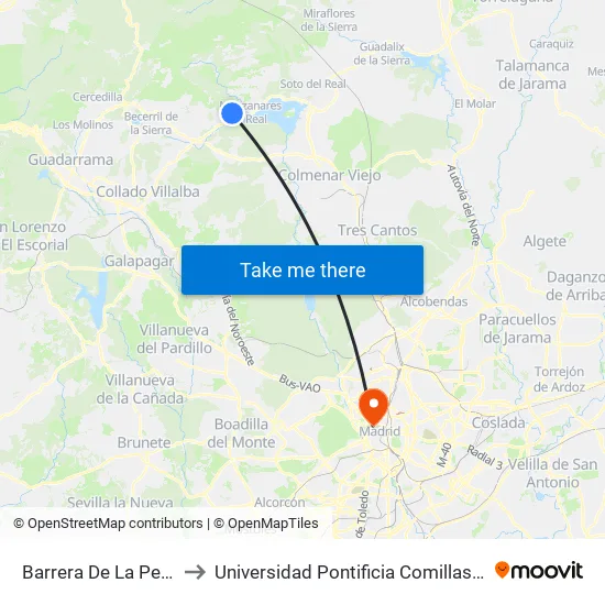 Barrera De La Pedriza to Universidad Pontificia Comillas - Icade map