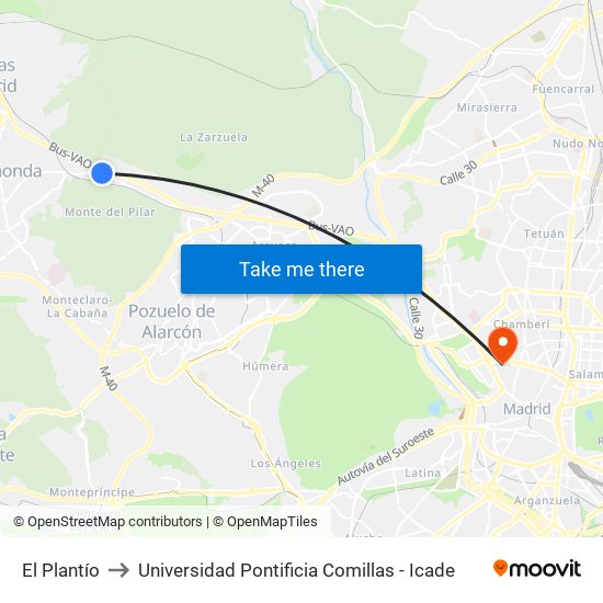 El Plantío to Universidad Pontificia Comillas - Icade map