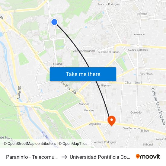 Paraninfo - Telecomunicaciones to Universidad Pontificia Comillas - Icade map