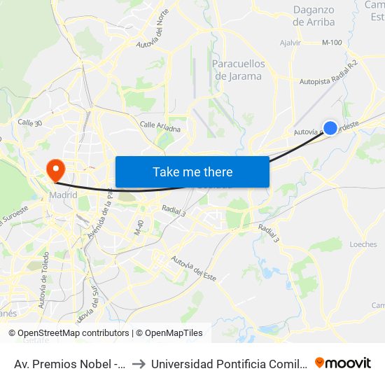 Av. Premios Nobel - Puente to Universidad Pontificia Comillas - Icade map