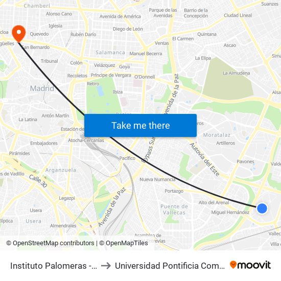 Instituto Palomeras - Vallecas to Universidad Pontificia Comillas - Icade map