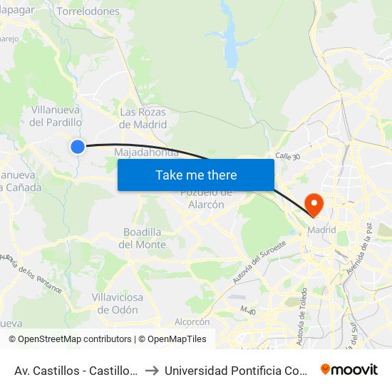 Av. Castillos - Castillo Barcience to Universidad Pontificia Comillas - Icade map