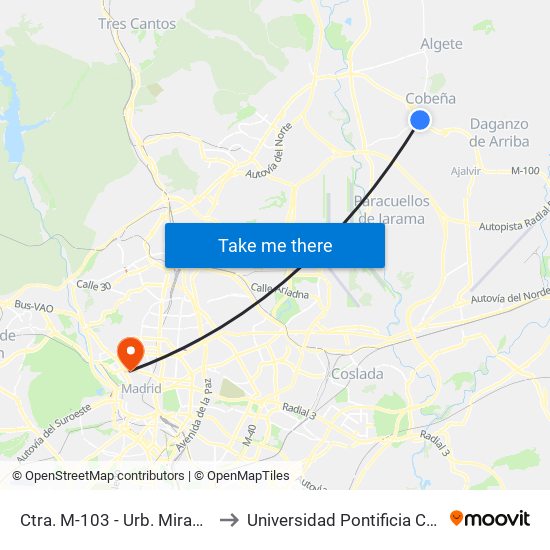 Ctra. M-103 - Urb. Mirador De Cobeña to Universidad Pontificia Comillas - Icade map