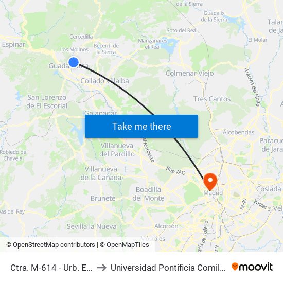 Ctra. M-614 - Urb. El Peñón to Universidad Pontificia Comillas - Icade map