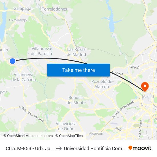 Ctra. M-853 - Urb. Jarabeltrán to Universidad Pontificia Comillas - Icade map
