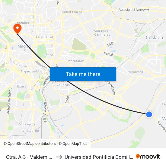 Ctra. A-3 - Valdemingómez to Universidad Pontificia Comillas - Icade map