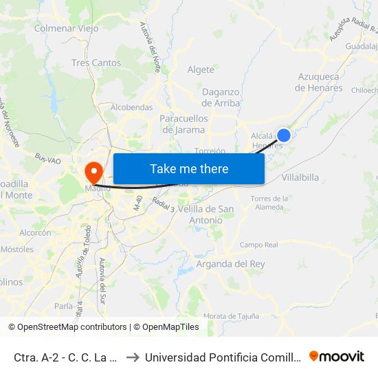 Ctra. A-2 - C. C. La Dehesa to Universidad Pontificia Comillas - Icade map
