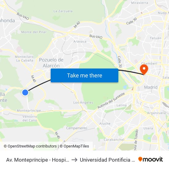 Av. Montepríncipe - Hospital Montepríncipe to Universidad Pontificia Comillas - Icade map