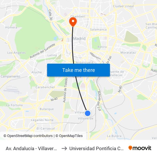 Av. Andalucía - Villaverde Bajo Cruce to Universidad Pontificia Comillas - Icade map