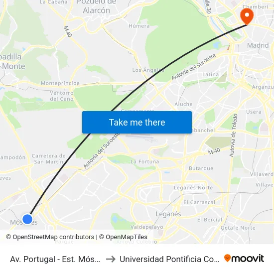 Av. Portugal - Est. Móstoles Central to Universidad Pontificia Comillas - Icade map