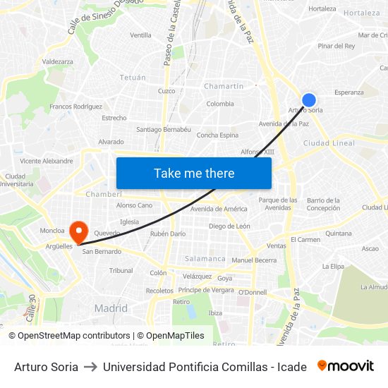 Arturo Soria to Universidad Pontificia Comillas - Icade map