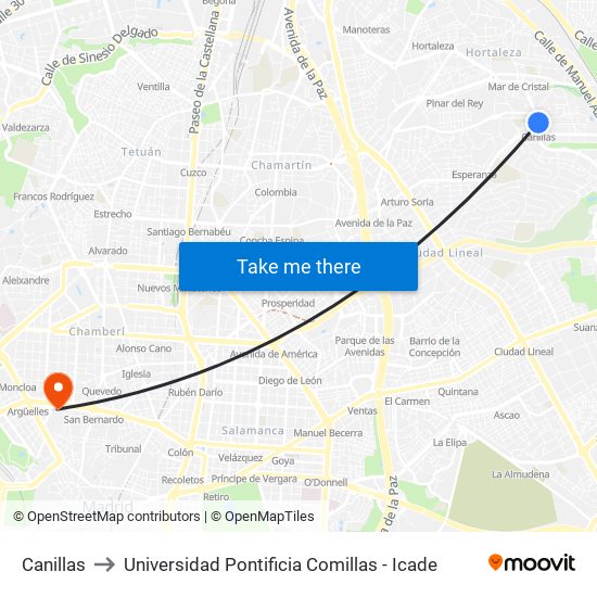 Canillas to Universidad Pontificia Comillas - Icade map