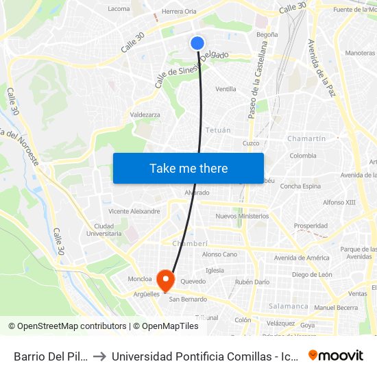 Barrio Del Pilar to Universidad Pontificia Comillas - Icade map
