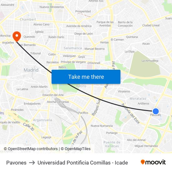 Pavones to Universidad Pontificia Comillas - Icade map