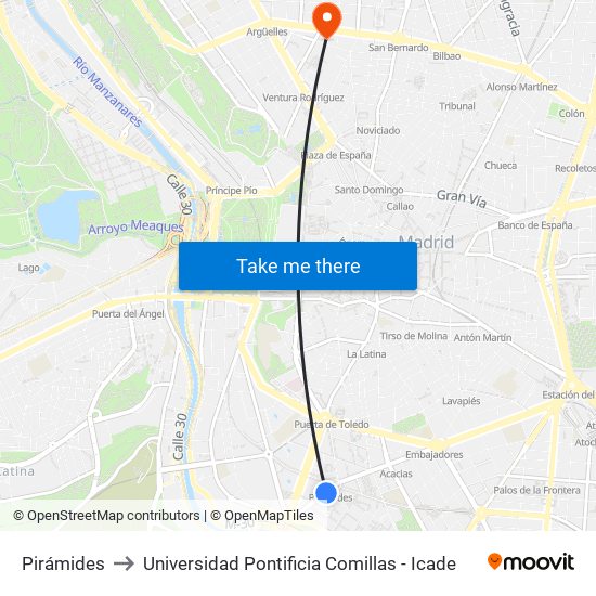 Pirámides to Universidad Pontificia Comillas - Icade map