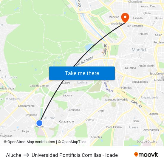 Aluche to Universidad Pontificia Comillas - Icade map
