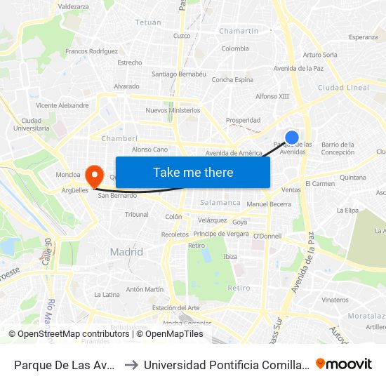 Parque De Las Avenidas to Universidad Pontificia Comillas - Icade map