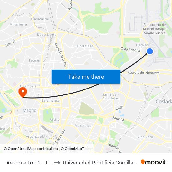 Aeropuerto T1 - T2 - T3 to Universidad Pontificia Comillas - Icade map