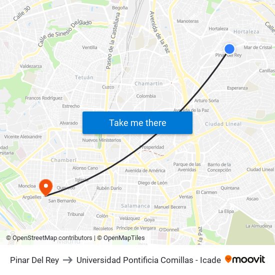 Pinar Del Rey to Universidad Pontificia Comillas - Icade map