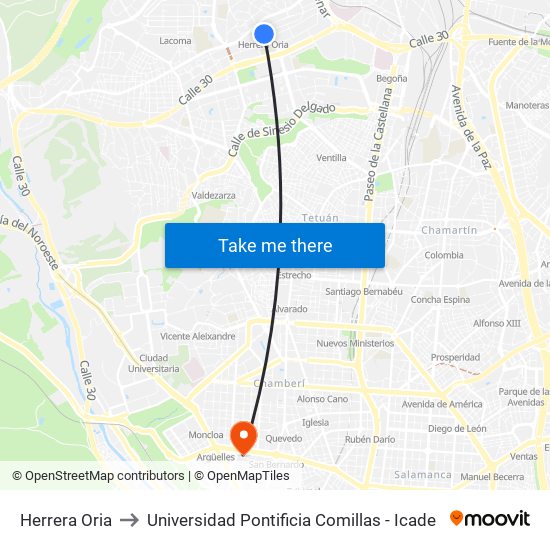 Herrera Oria to Universidad Pontificia Comillas - Icade map