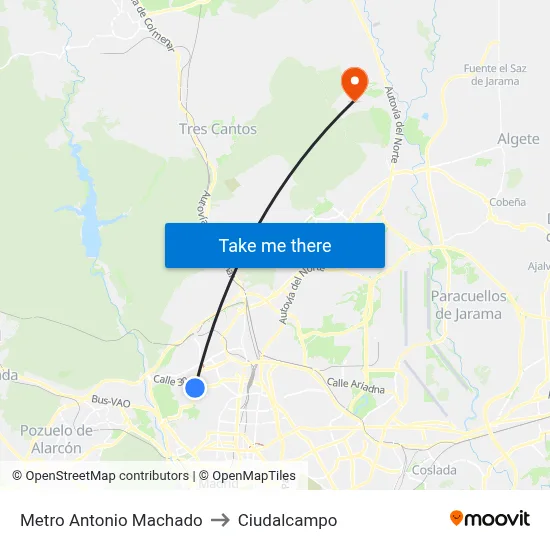 Metro Antonio Machado to Ciudalcampo map
