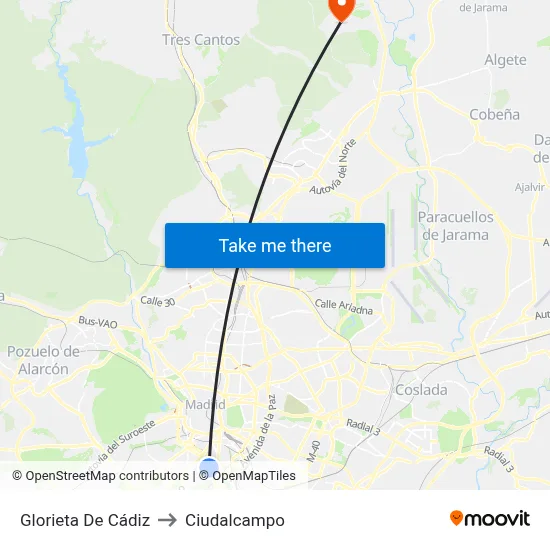 Glorieta De Cádiz to Ciudalcampo map