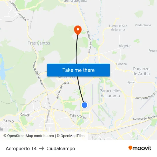 Aeropuerto T4 to Ciudalcampo map