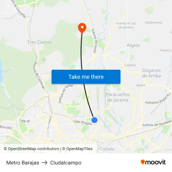 Metro Barajas to Ciudalcampo map