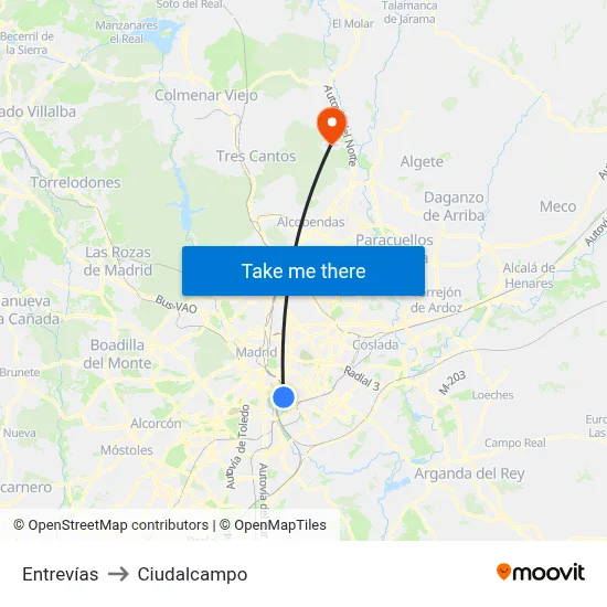 Entrevías to Ciudalcampo map