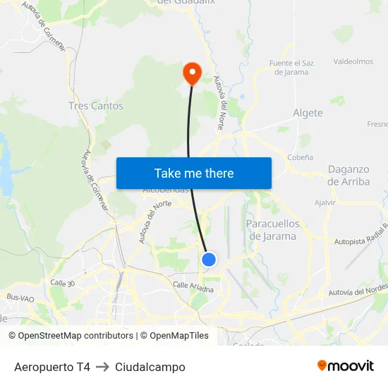 Aeropuerto T4 to Ciudalcampo map