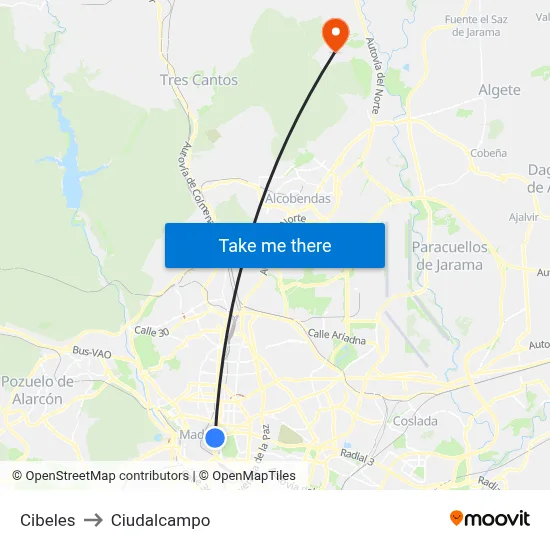 Cibeles to Ciudalcampo map