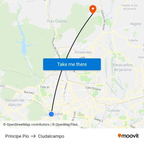 Príncipe Pío to Ciudalcampo map